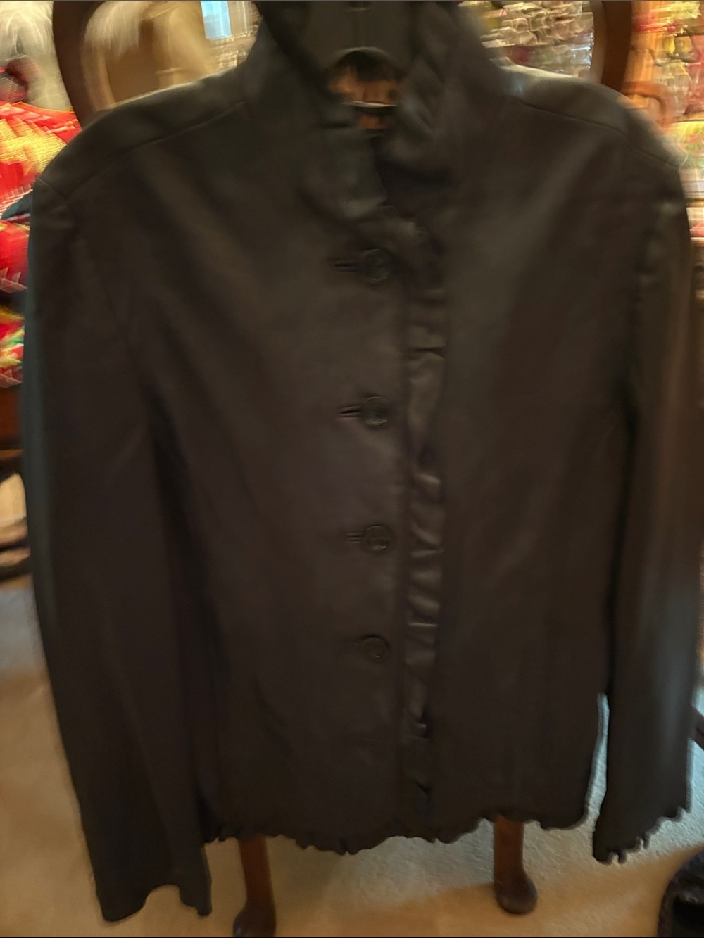 Dana Buchman Black Button-Front Ruffled Leather Blazer Jacket